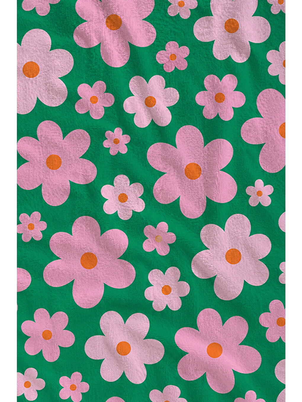 Retro Yeşil Pembe Papatya Desenli 70x150 Plaj Havlusu - Dijital Baskılı Solmaz Banyo Havlusu-2