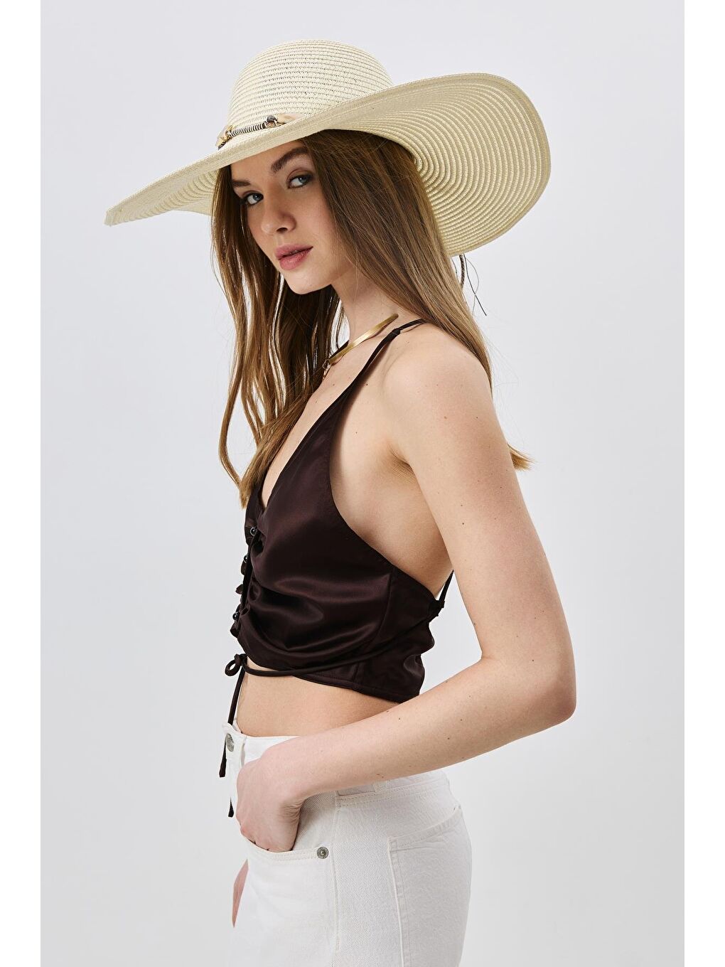 Ekru Geniş Kenar Hasır Plaj Şapkası Y25730-01 Krem-1