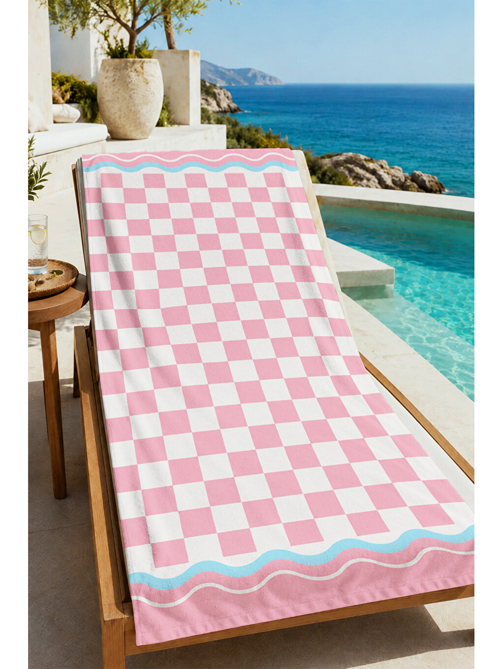 Retro Pembe Beyaz Damalı Kareli Bordürlü Desenli 70x150 Plaj Havlusu - Dijital Baskılı Banyo Havlusu-4