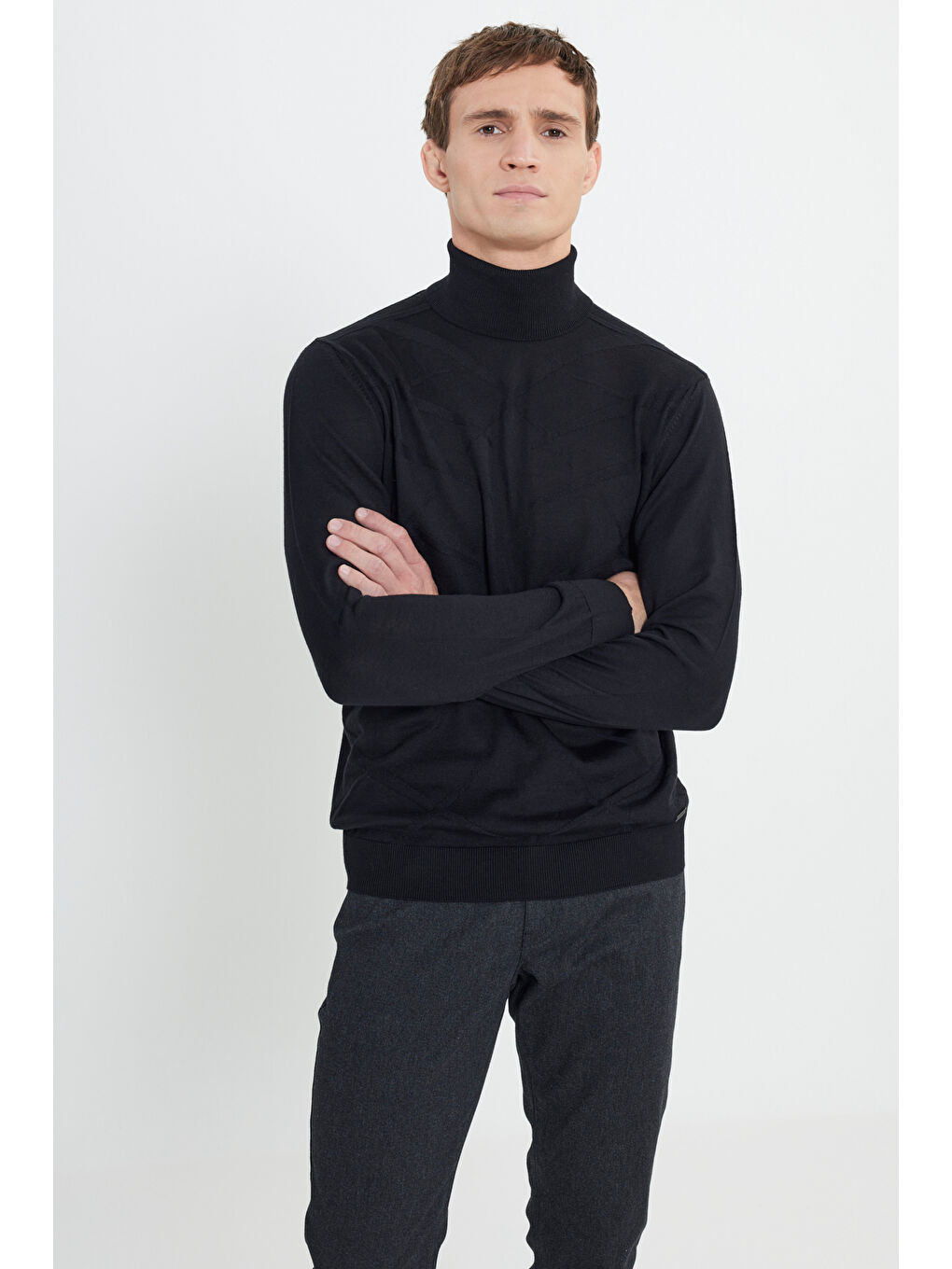 Erkek Siyah Standart Fit Normal Kesim Tam Balıkçı Yaka Triko Kazak-2