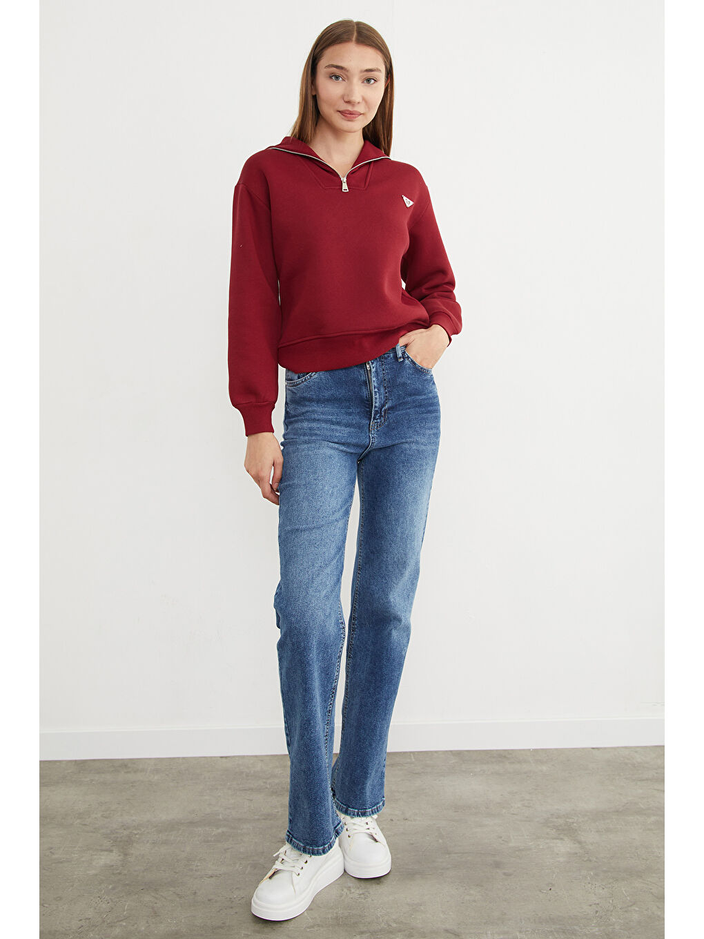 Bordo 3 İplik Üçgen Metal Armalı Sweatshirt-2