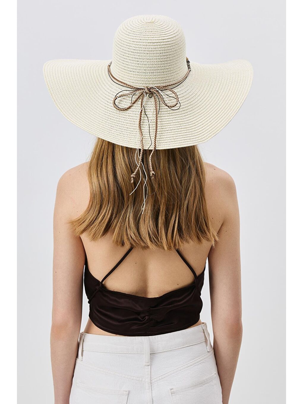 Ekru Geniş Kenar Hasır Plaj Şapkası Y25730-01 Krem-2