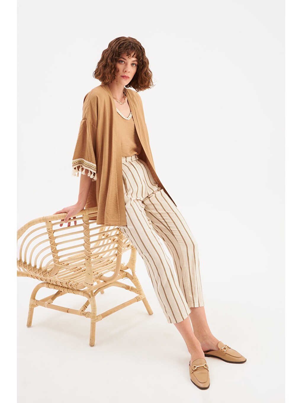 Kol Detaylı Salaş Keten Kimono - Bej-1