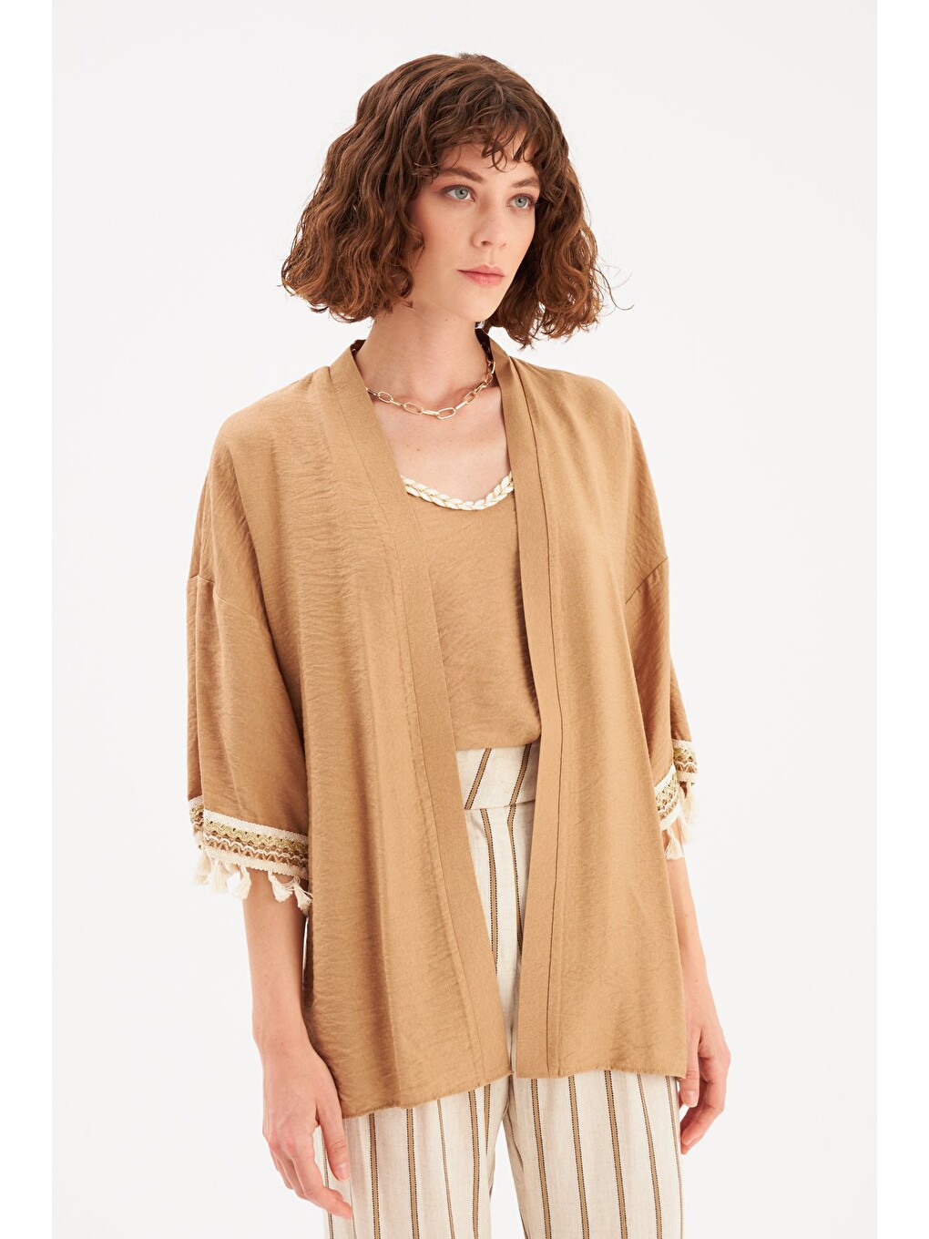 Kol Detaylı Salaş Keten Kimono - Bej-2