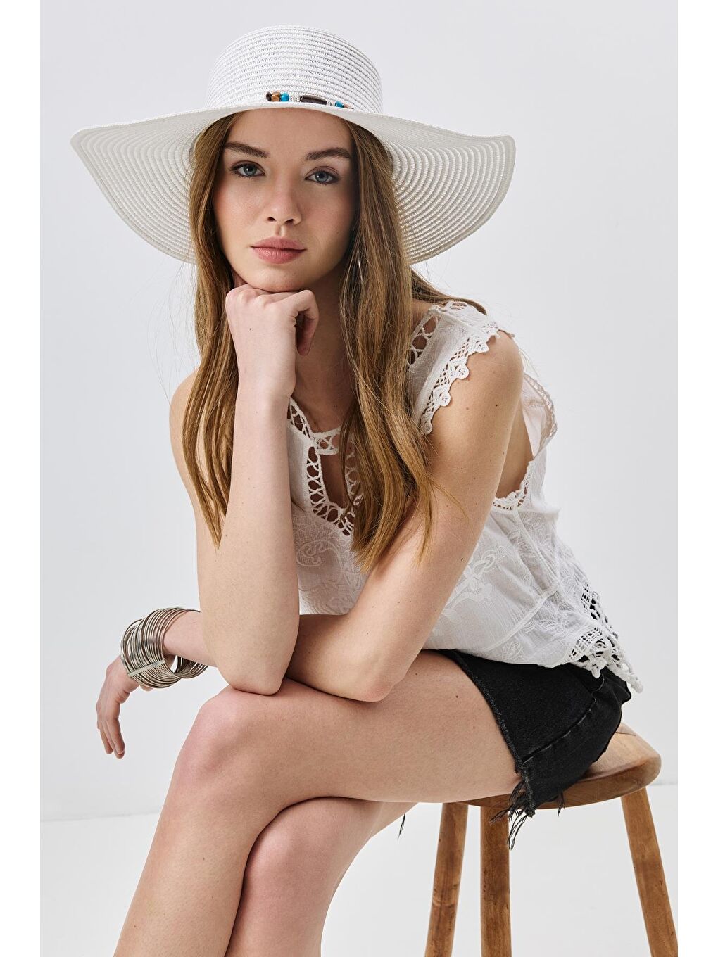 Geniş Kenar Hasır Plaj Şapkası Y25730-03 Beyaz