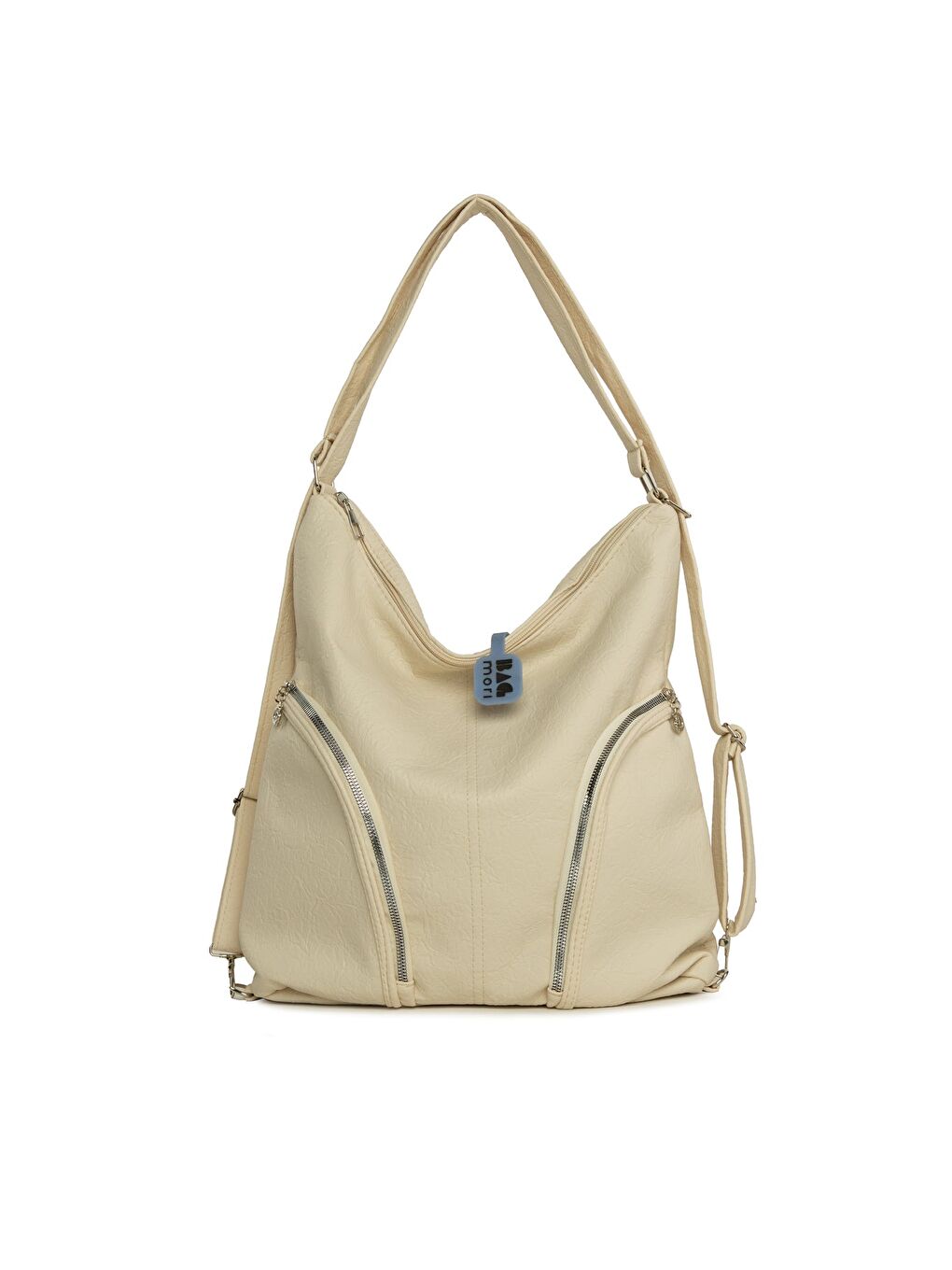 Ekru Yumuşak Dokulu Çift Yan Fermuarlı Askılı ve Sırt Salaş Çanta