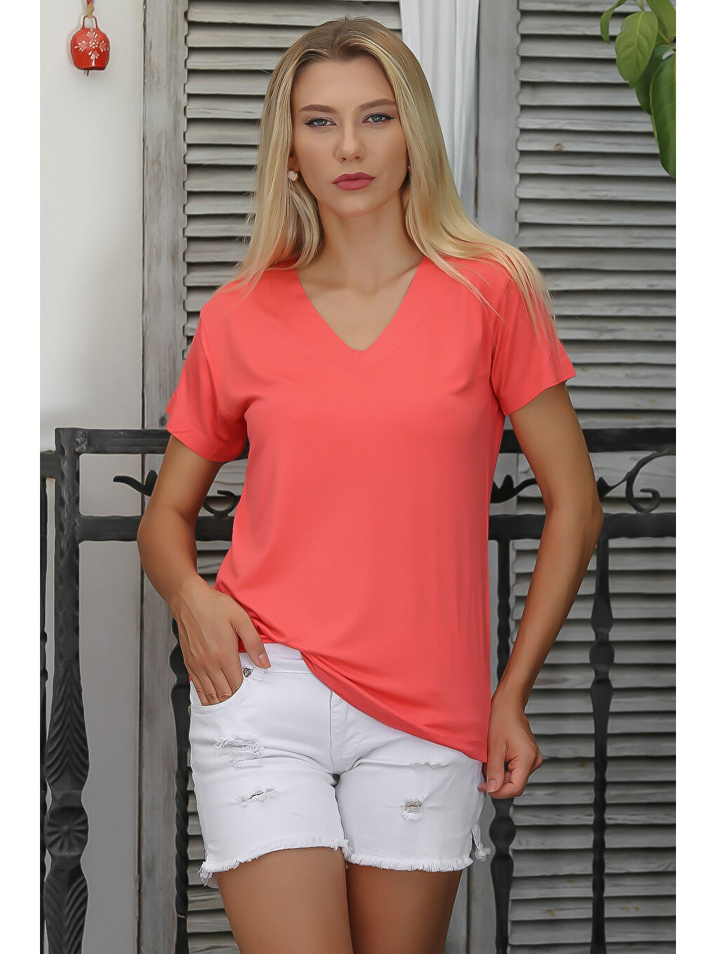 Dağ Pembesi V Yaka Kısa Kol Düz Renk Örme T-Shirt-2