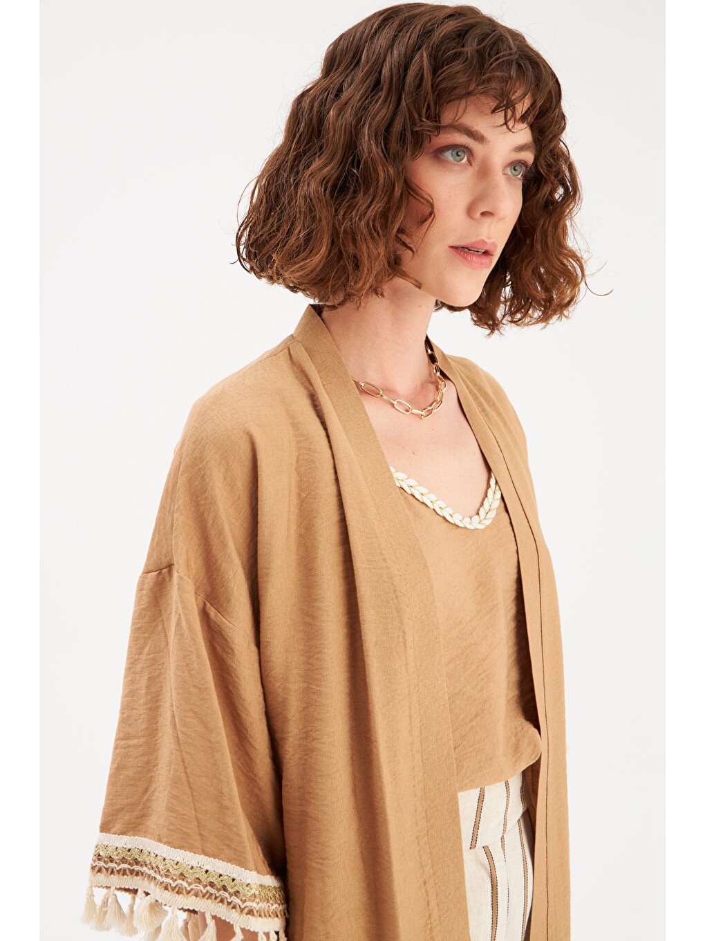 Kol Detaylı Salaş Keten Kimono - Bej-3