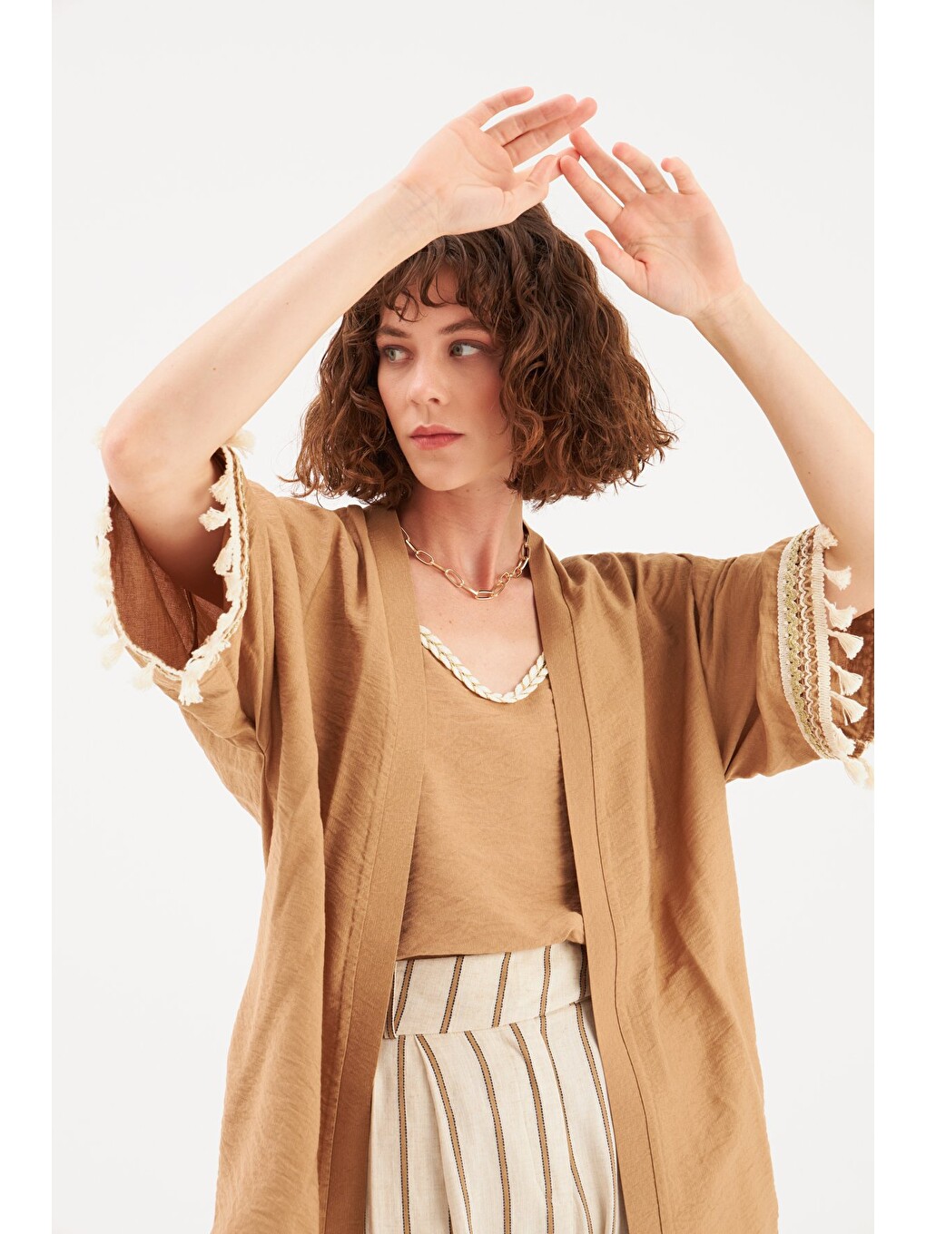 Kol Detaylı Salaş Keten Kimono - Bej-4