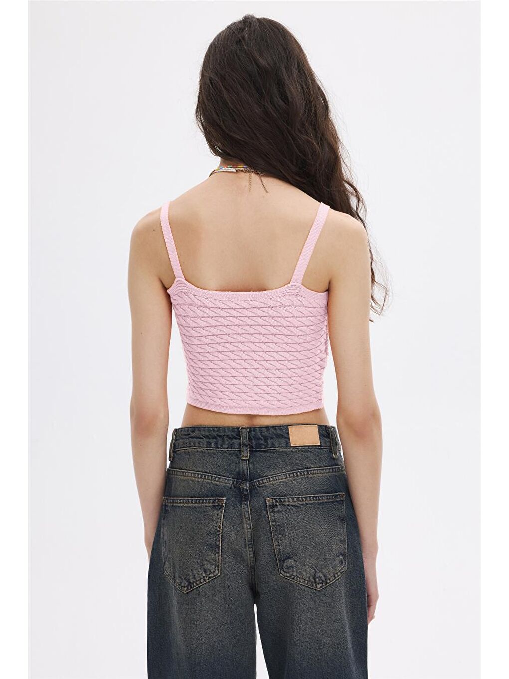 Pembe Pudra Saç Örgülü Triko Crop Top-4