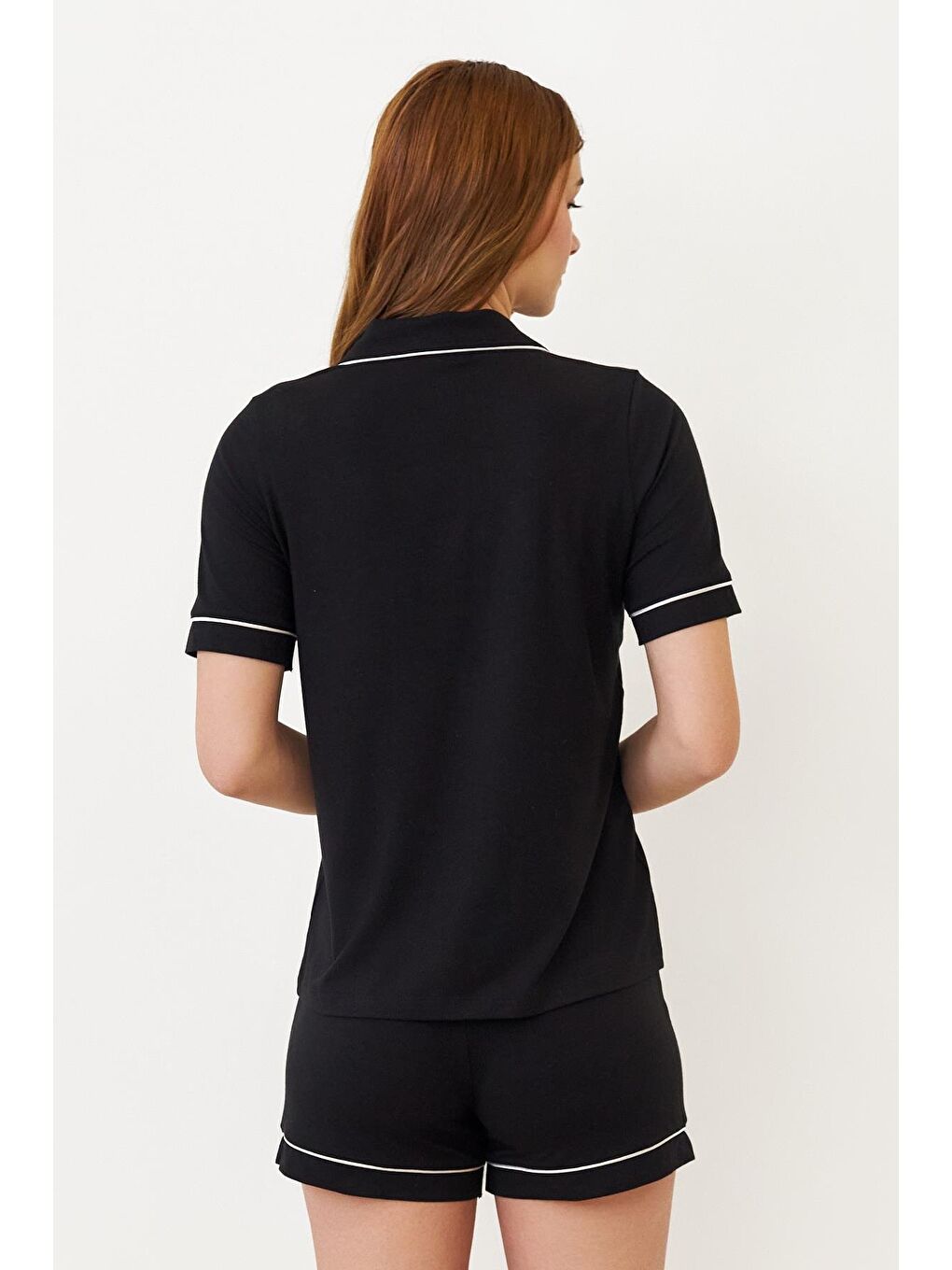 Kadın Luxury Düğmeli Şortlu Pijama Takımı Siyah-2