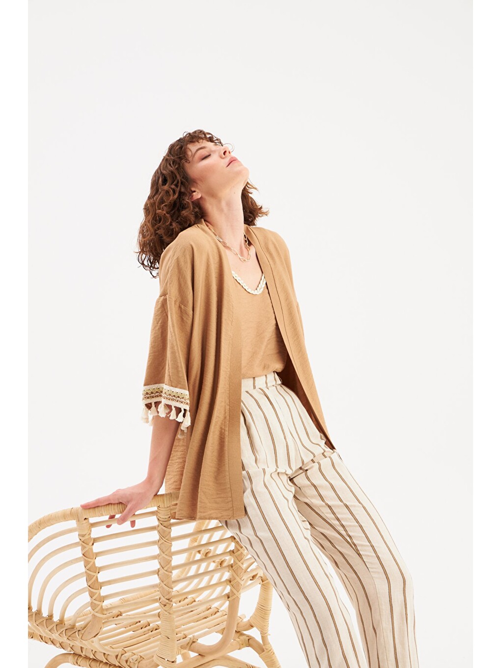 Kol Detaylı Salaş Keten Kimono - Bej-5