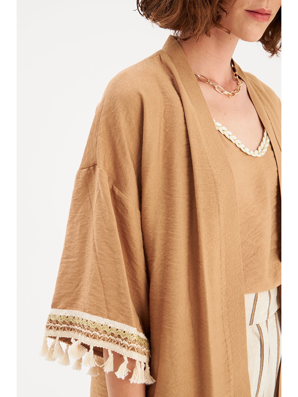 Kol Detaylı Salaş Keten Kimono - Bej-6
