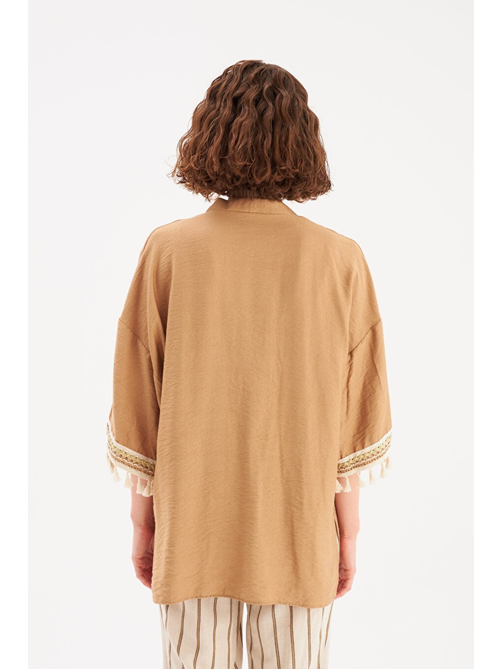 Kol Detaylı Salaş Keten Kimono - Bej-7