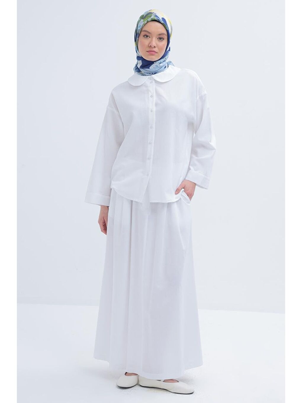 Beyaz-Bebe Yakalı Keten Etekli Takım-2