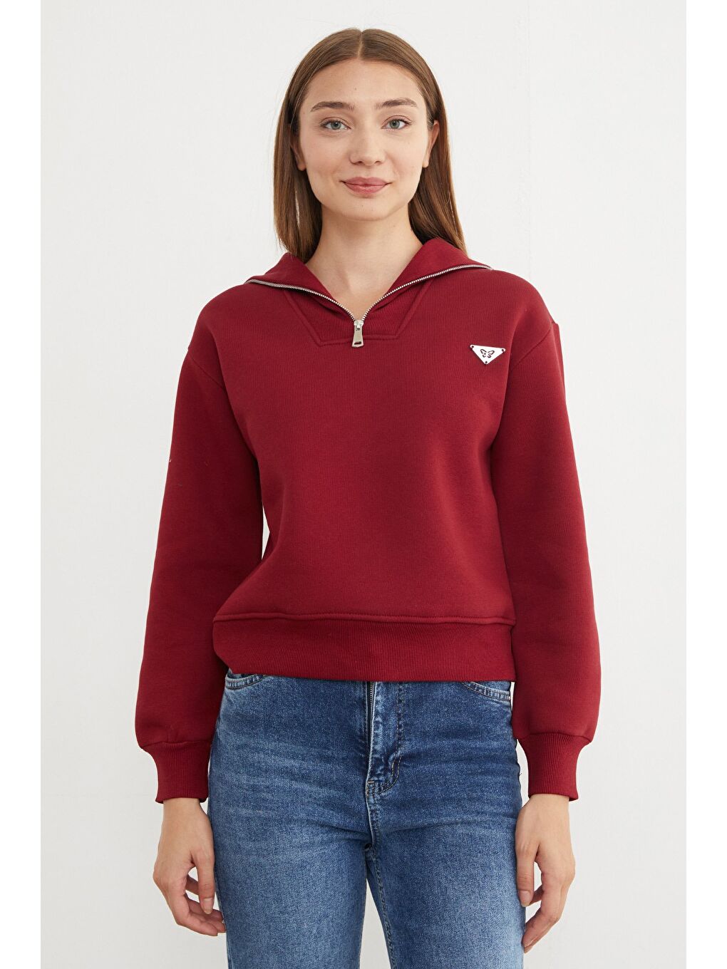 Bordo 3 İplik Üçgen Metal Armalı Sweatshirt-3