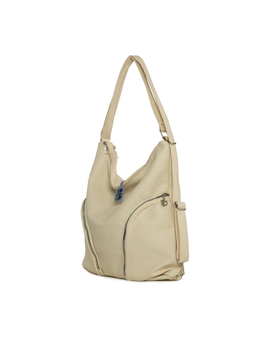 Ekru Yumuşak Dokulu Çift Yan Fermuarlı Askılı ve Sırt Salaş Çanta-1