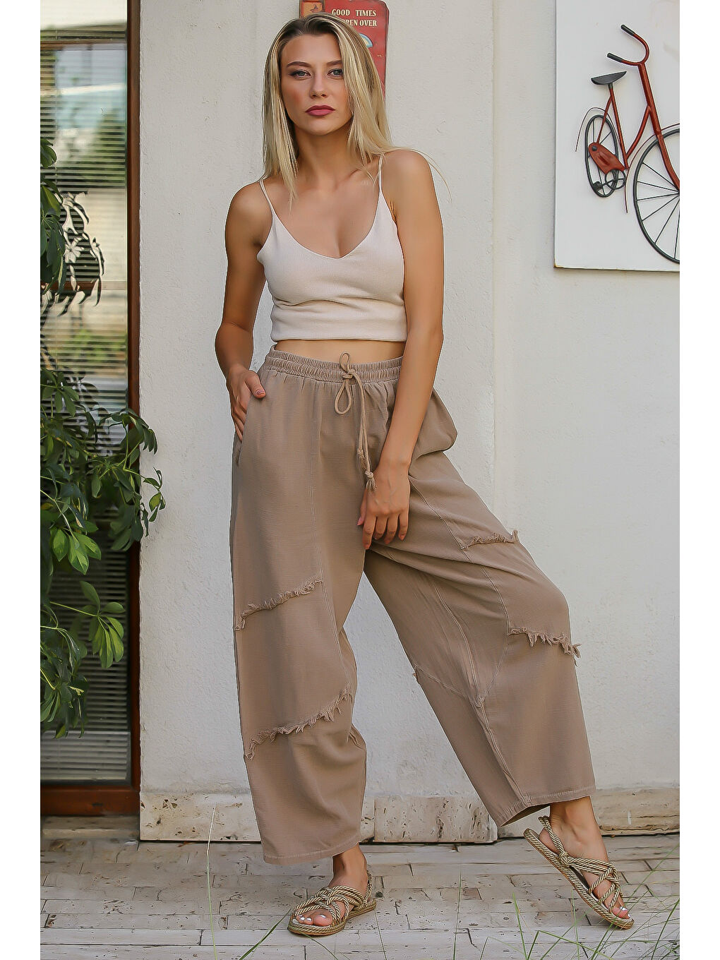 Kahverengi Camel Düz Renk Çift Cepli Yıkamalı Dokuma Şalvar Pantolon