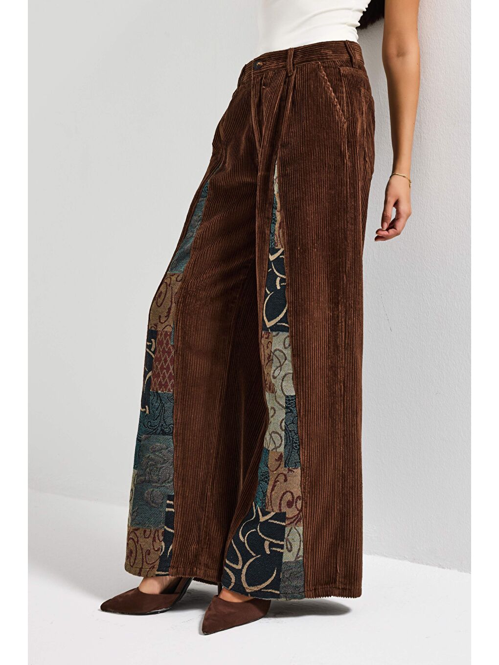 Kahverengi Kadın Kahve Etnik Desen 26w5-42 Palazzo Fit Özel Tasarım Velvet Kadife Kumaş Pantolon