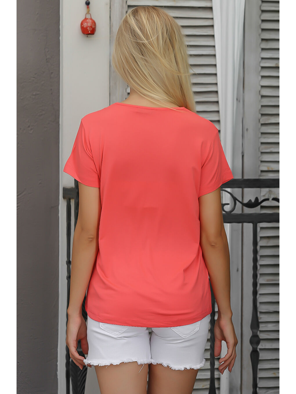 Dağ Pembesi V Yaka Kısa Kol Düz Renk Örme T-Shirt-7