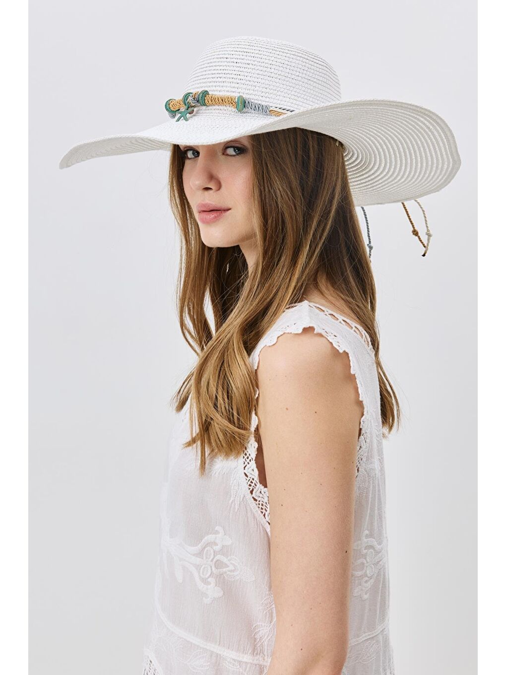 Geniş Kenar Hasır Plaj Şapkası Y25730-14 Beyaz-1