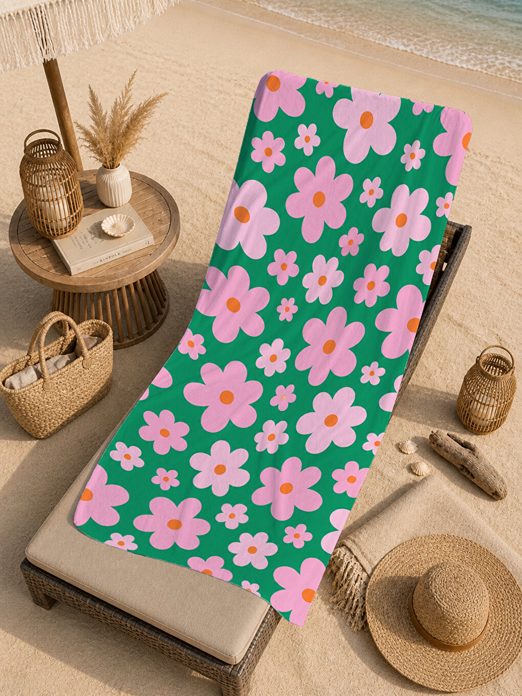Retro Yeşil Pembe Papatya Desenli 70x150 Plaj Havlusu - Dijital Baskılı Solmaz Banyo Havlusu-3