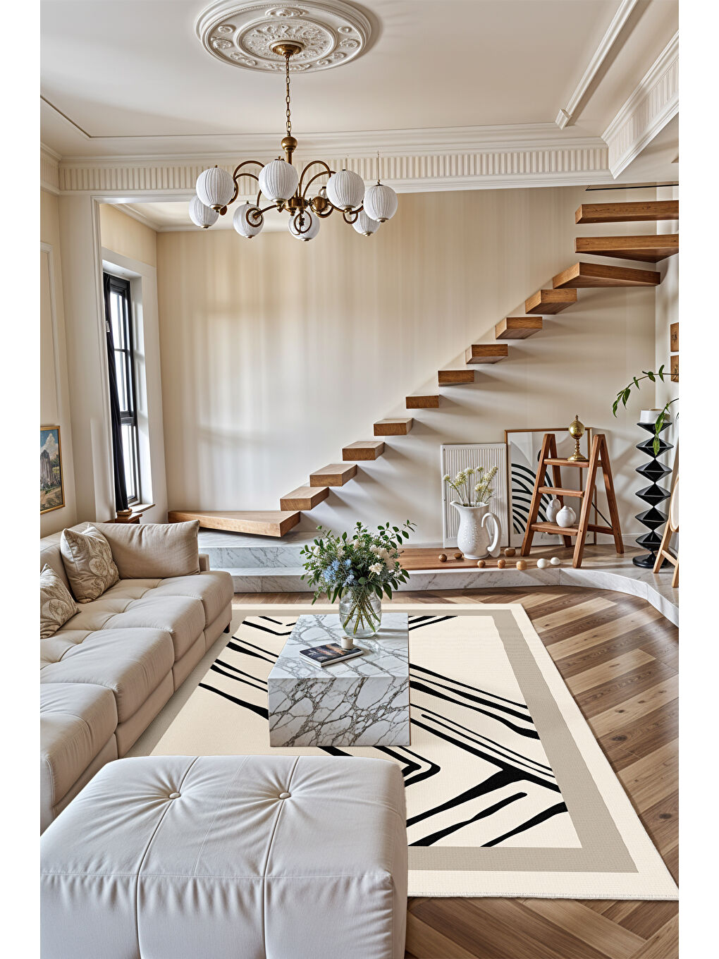 Ekru Dekoratif Salon Halısı, Makinada Yıkanabilir, Kaymaz Taban, İnce & Modern Tasarım-1