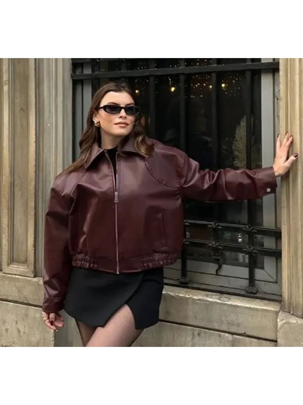 Yeni Sezon Kadın Bomber Deri Ceket Bordo-2