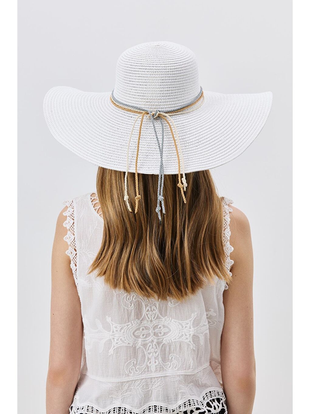 Geniş Kenar Hasır Plaj Şapkası Y25730-14 Beyaz-2