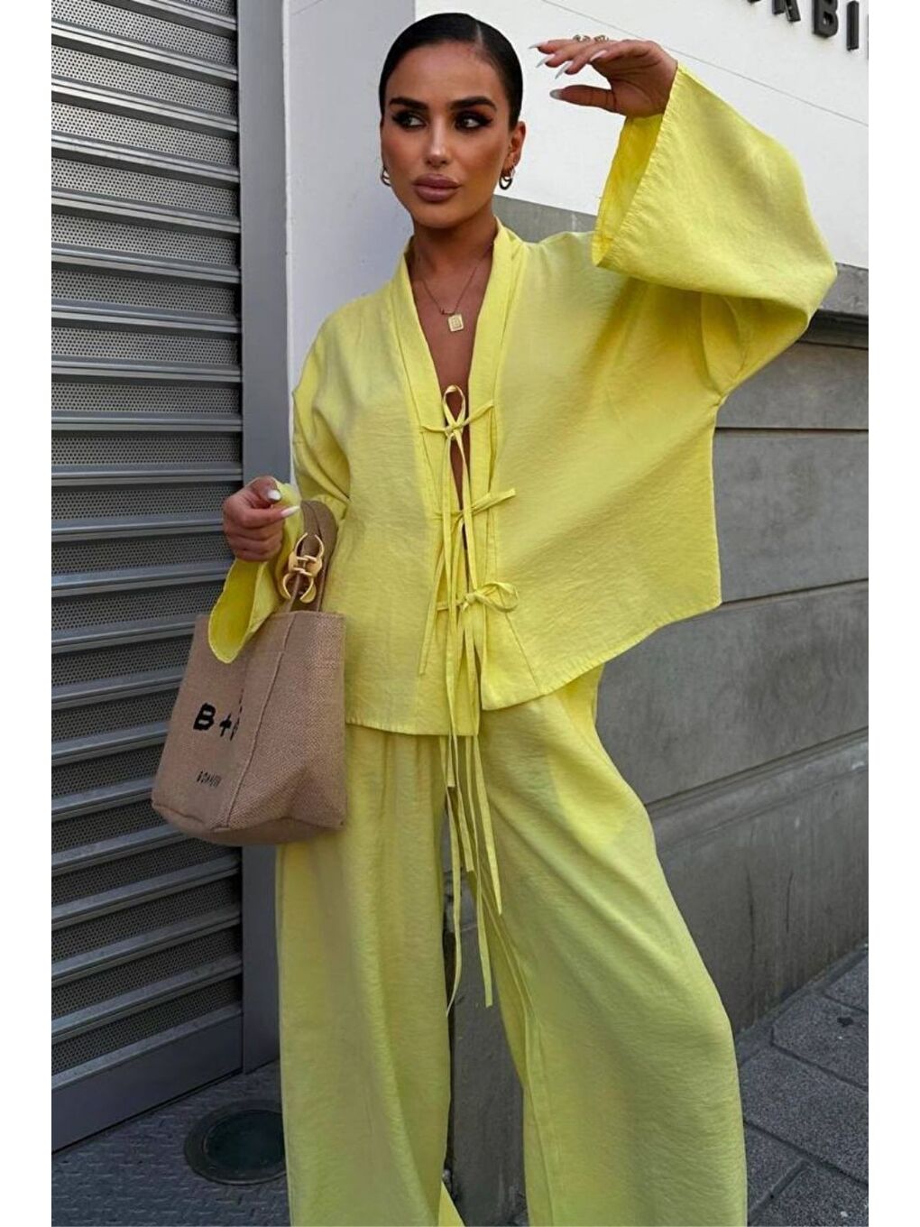 Sarı Fiyonk Bağlamalı Dokuma Milano Kumaş Takım-3