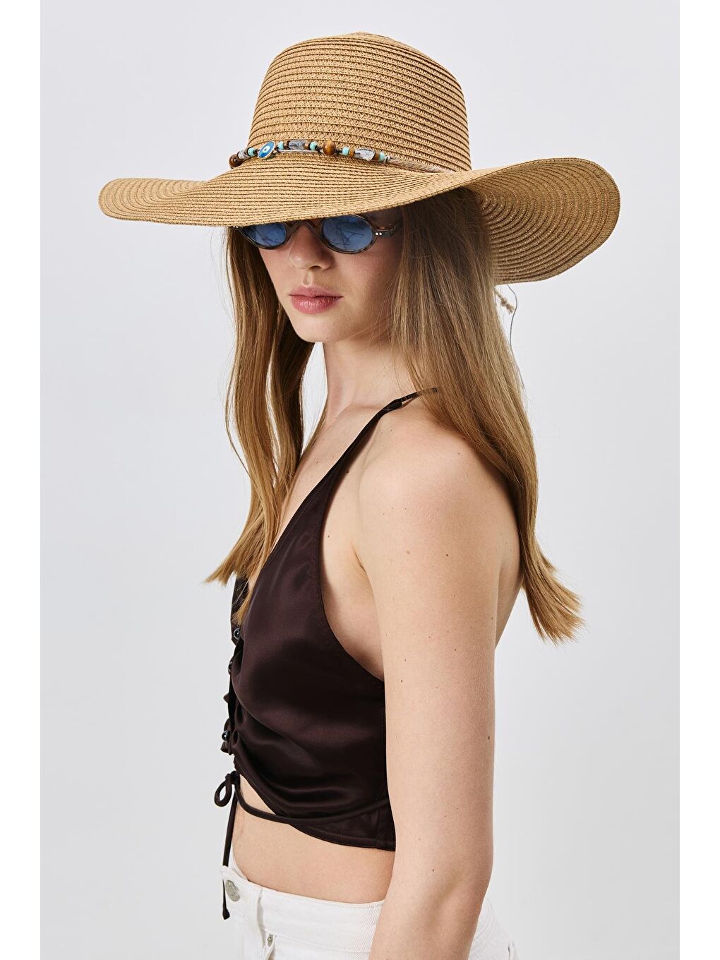 Bej Geniş Kenar Hasır Plaj Şapkası Y25730-13 Vizon-1