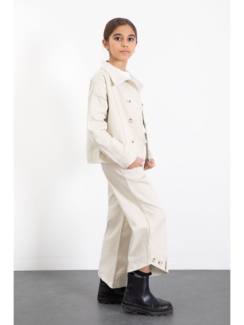 Ekru Krem Çift Düğme Detay Gömlekli Pantolonlu Kız Çocuk Gabardin Takım 23541-1