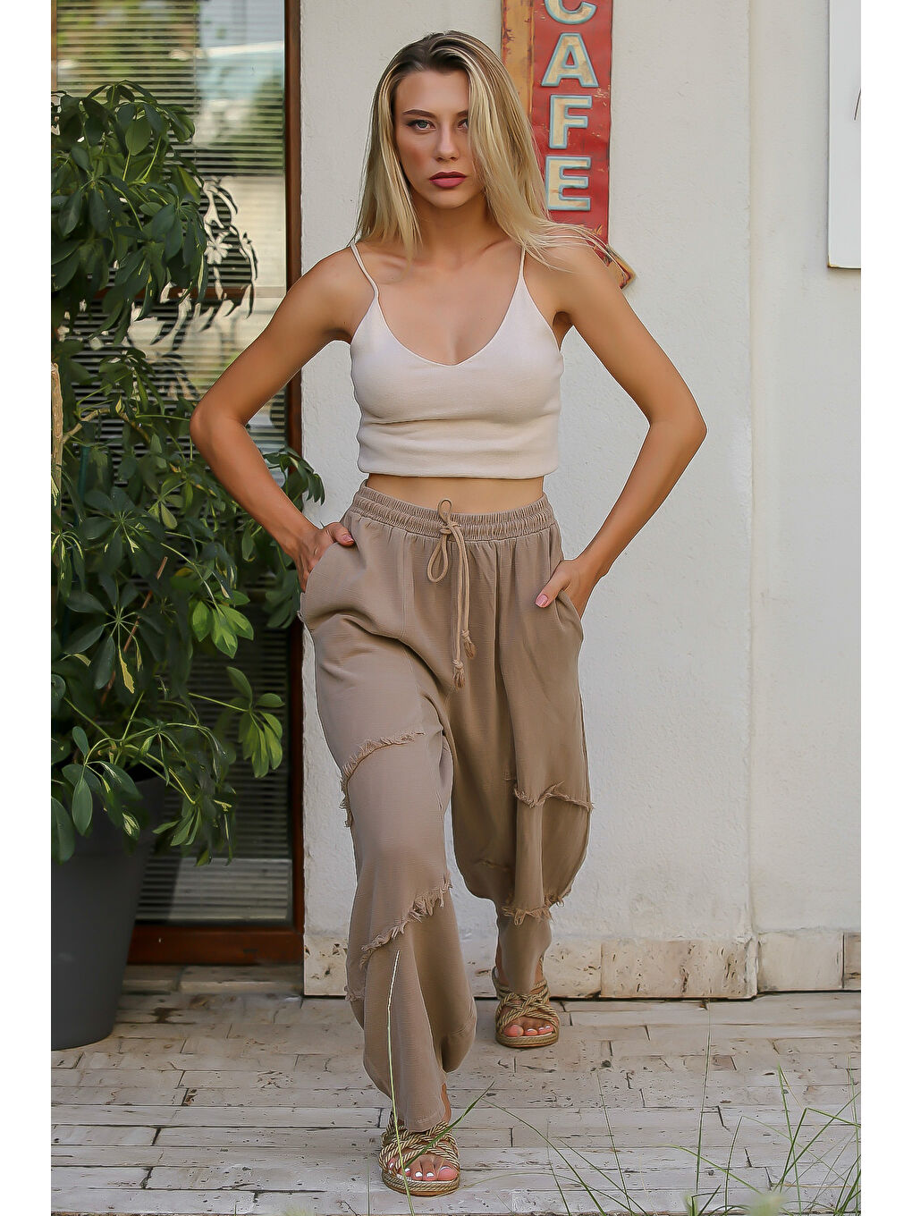 Kahverengi Camel Düz Renk Çift Cepli Yıkamalı Dokuma Şalvar Pantolon-2