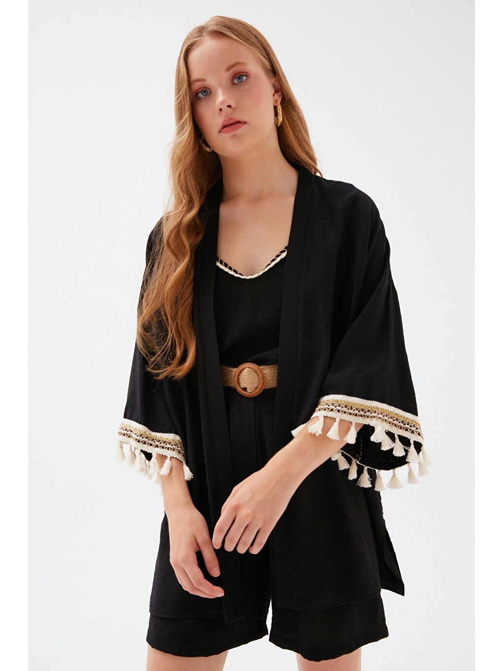 Kol Detaylı Salaş Keten Kimono - Siyah