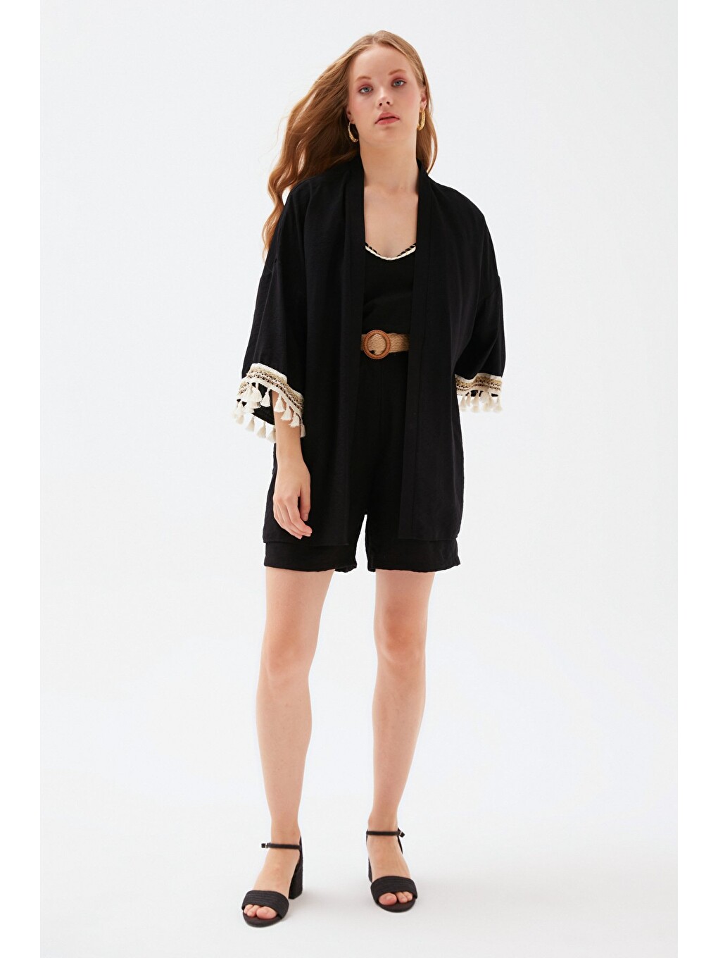 Kol Detaylı Salaş Keten Kimono - Siyah-1