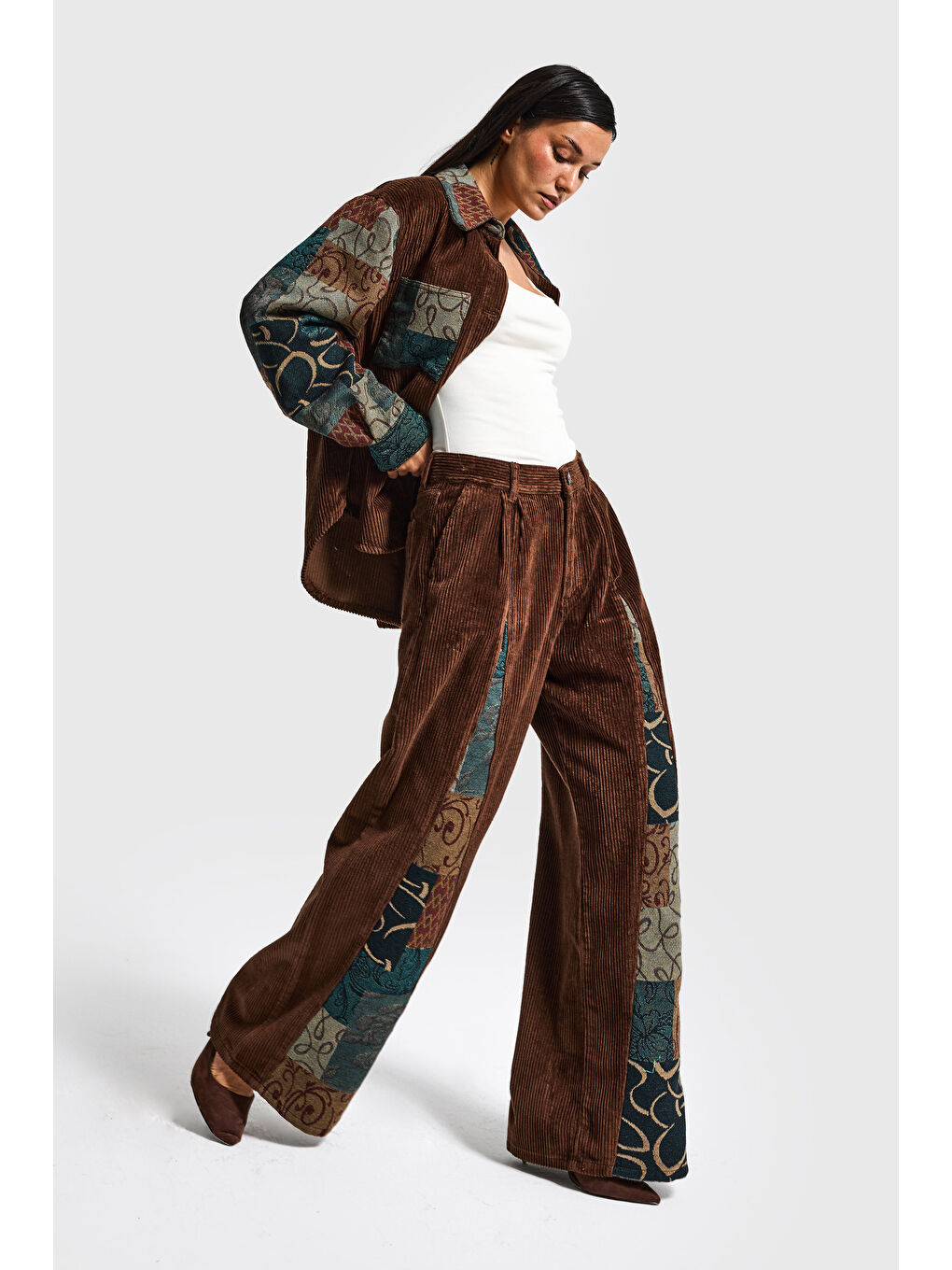 Kahverengi Kadın Kahve Etnik Desen 26w5-42 Palazzo Fit Özel Tasarım Velvet Kadife Kumaş Pantolon-1