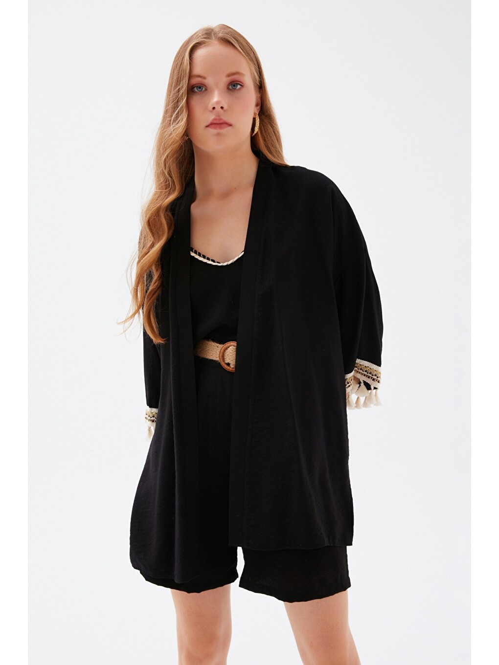 Kol Detaylı Salaş Keten Kimono - Siyah-2