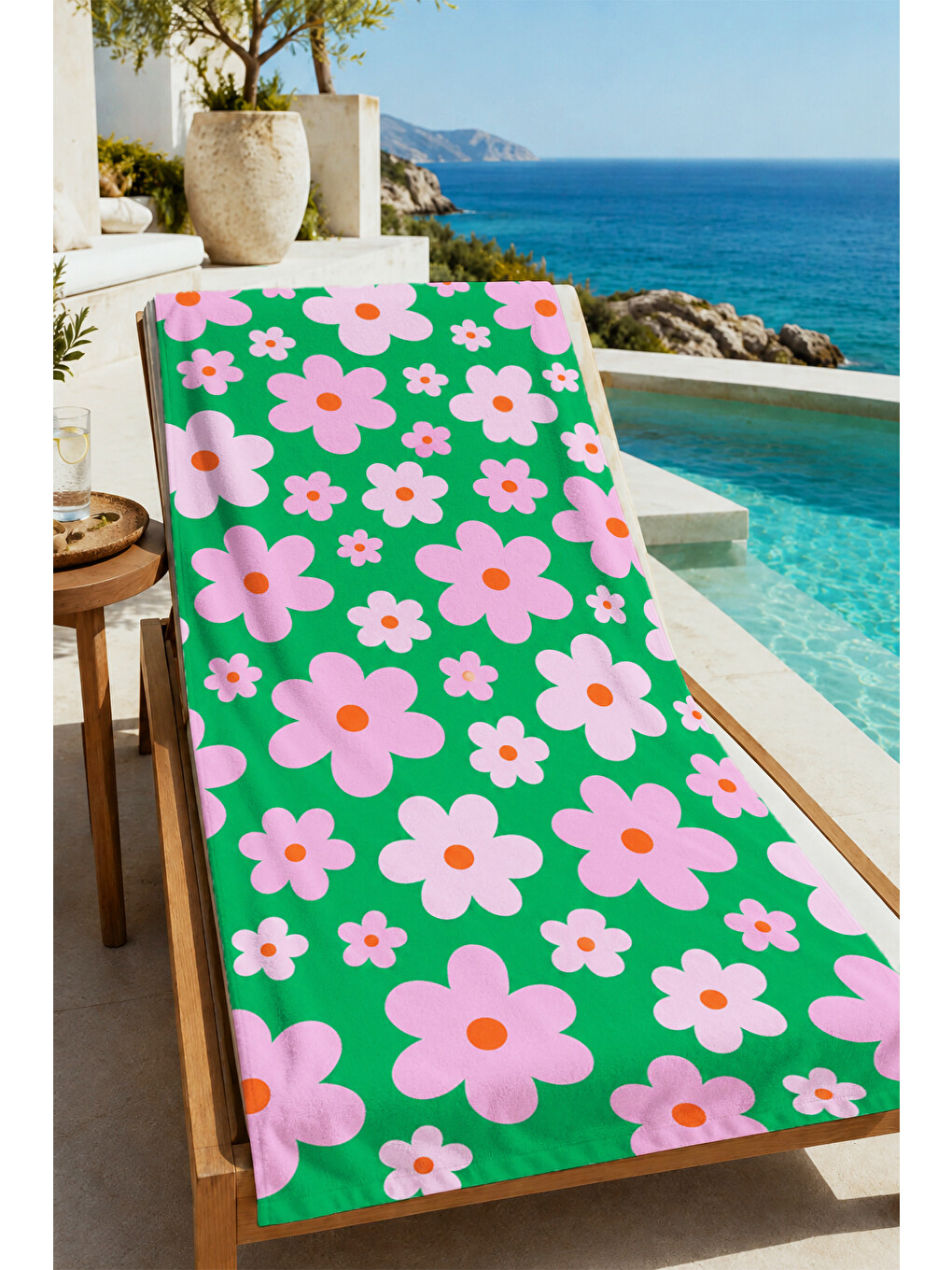 Retro Yeşil Pembe Papatya Desenli 70x150 Plaj Havlusu - Dijital Baskılı Solmaz Banyo Havlusu-4