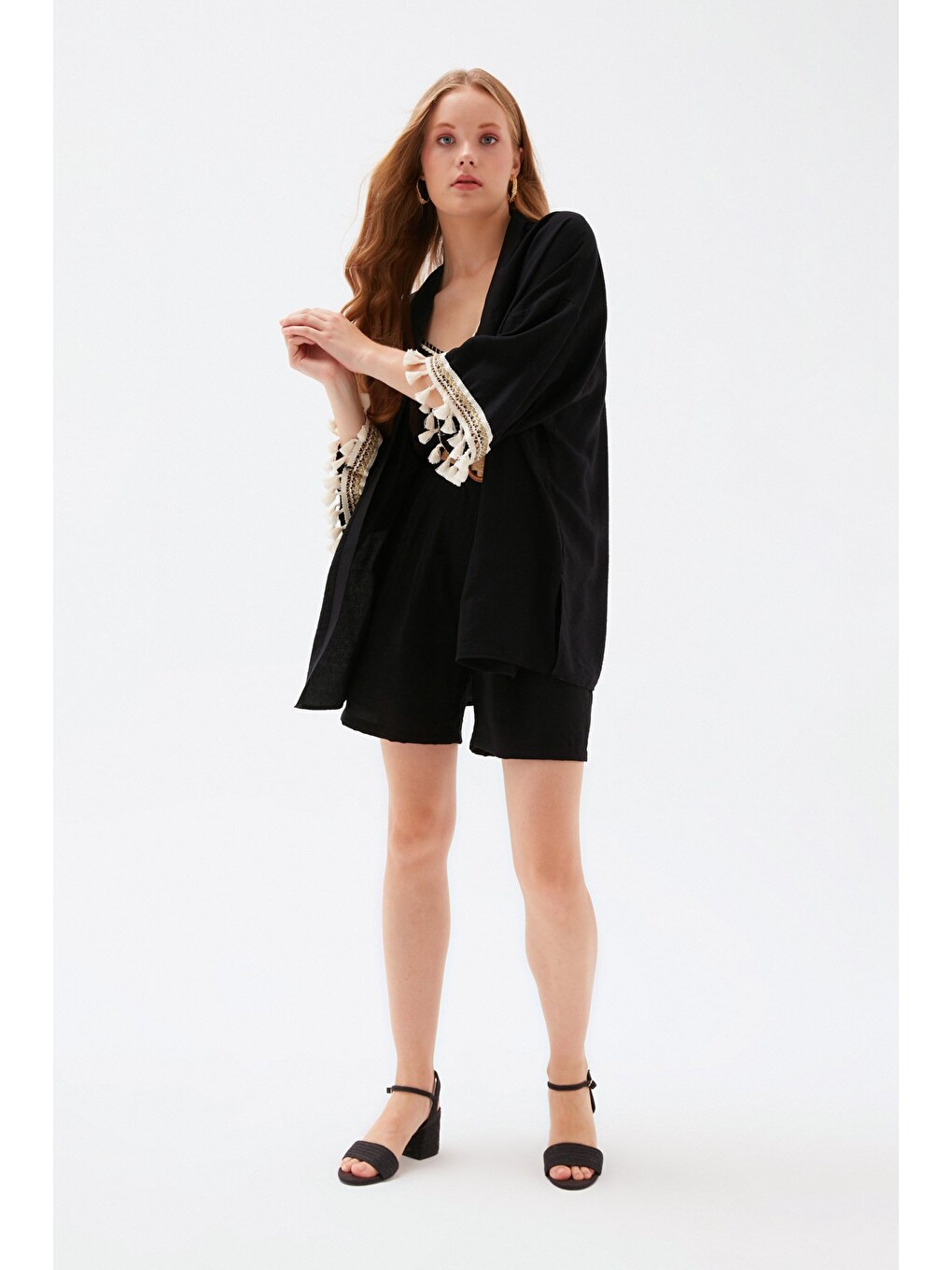 Kol Detaylı Salaş Keten Kimono - Siyah-3