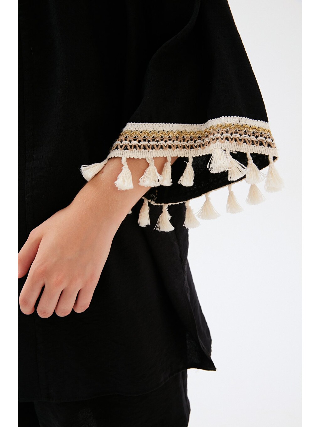 Kol Detaylı Salaş Keten Kimono - Siyah-4