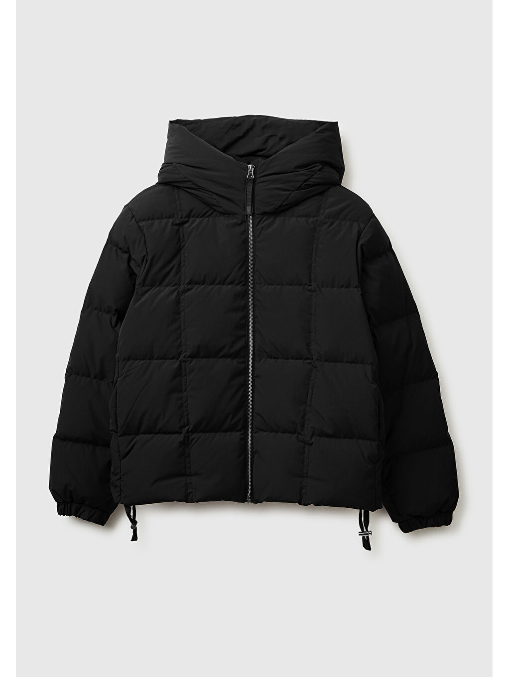 Kadın Siyah Kuş Tüyü Kapüşonlu Fermuarlı Kolu Lastikli Şişme Mont-1