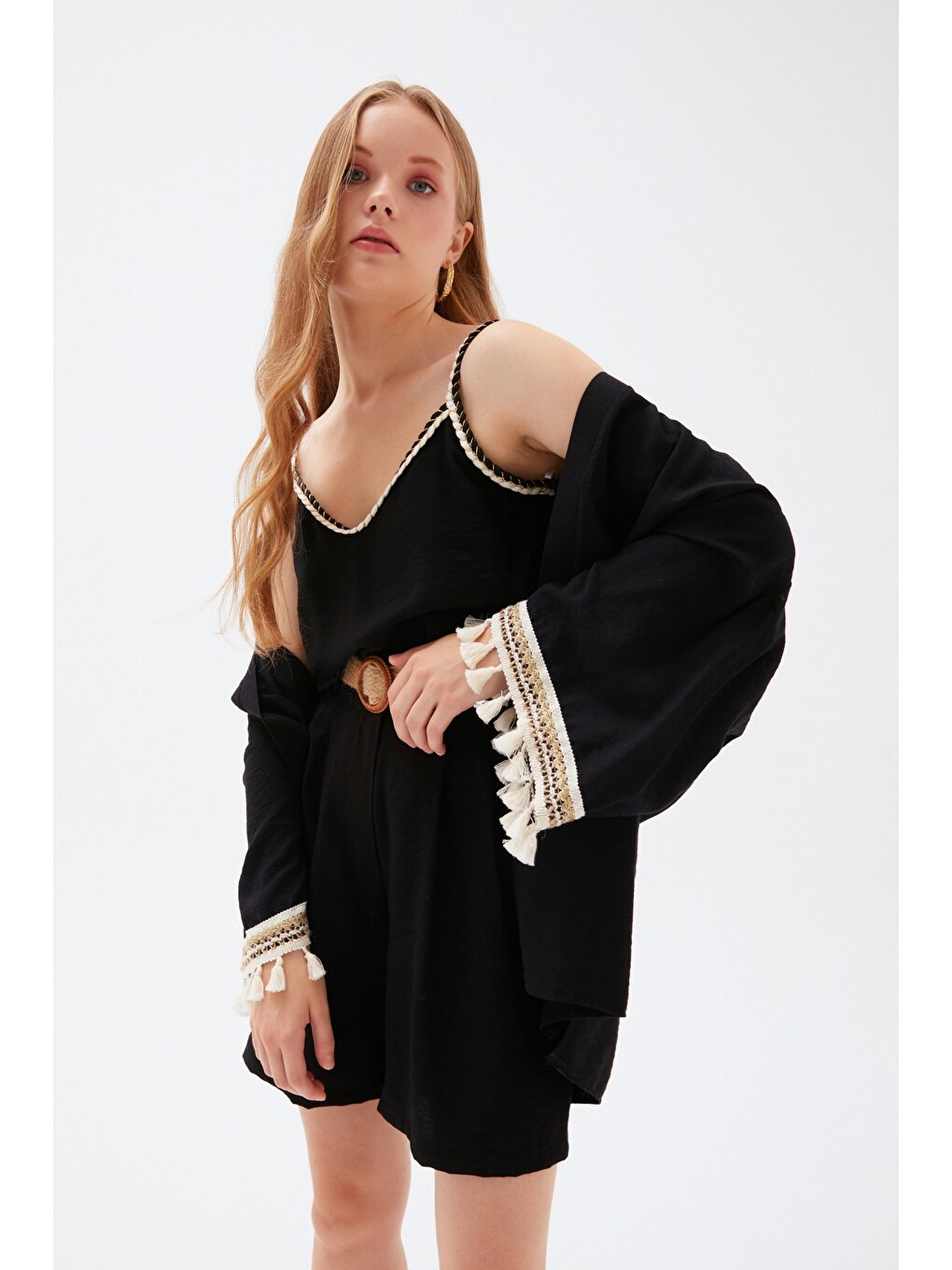 Kol Detaylı Salaş Keten Kimono - Siyah-5