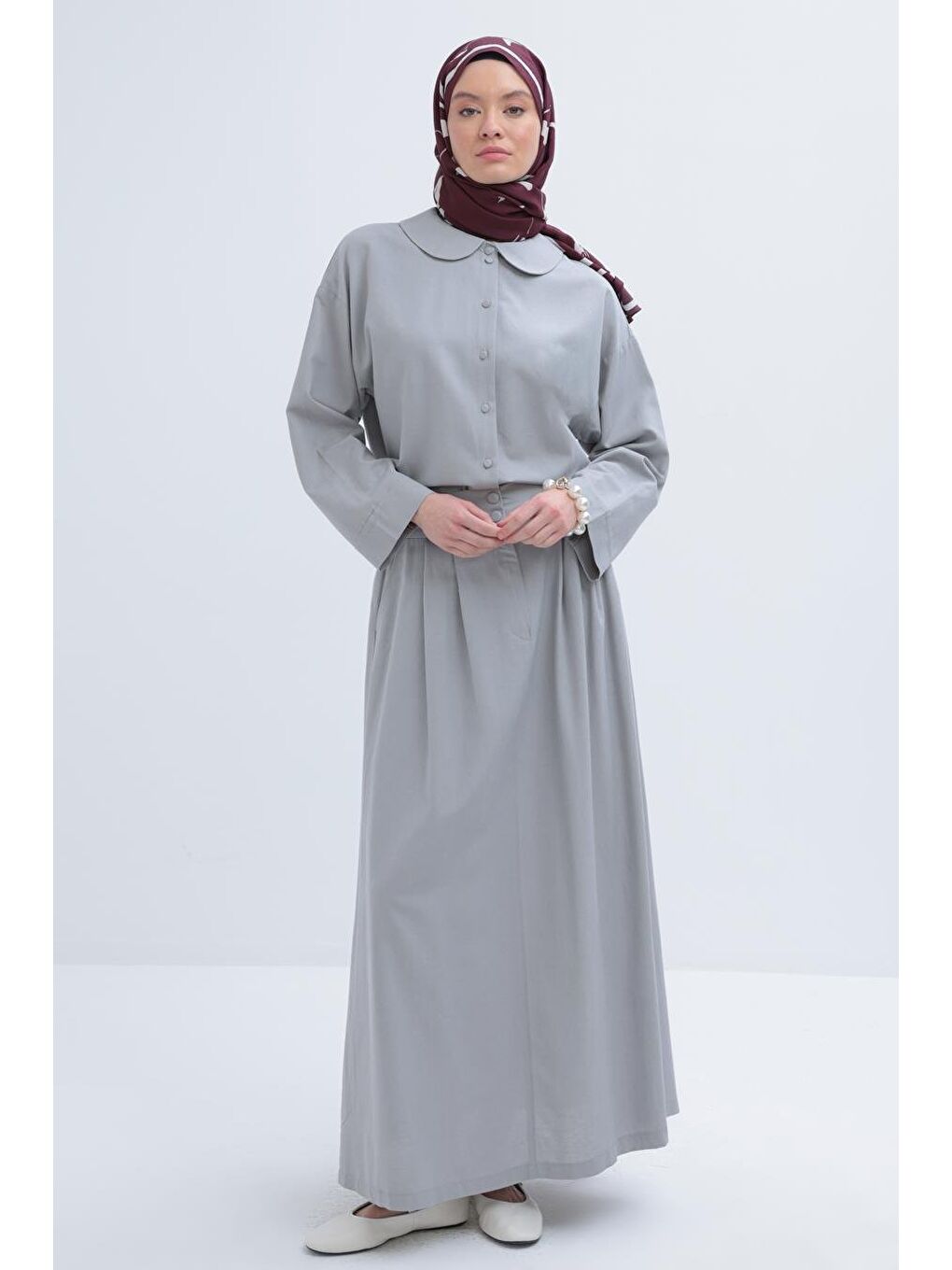 Gri-Bebe Yakalı Keten Etekli Takım-1