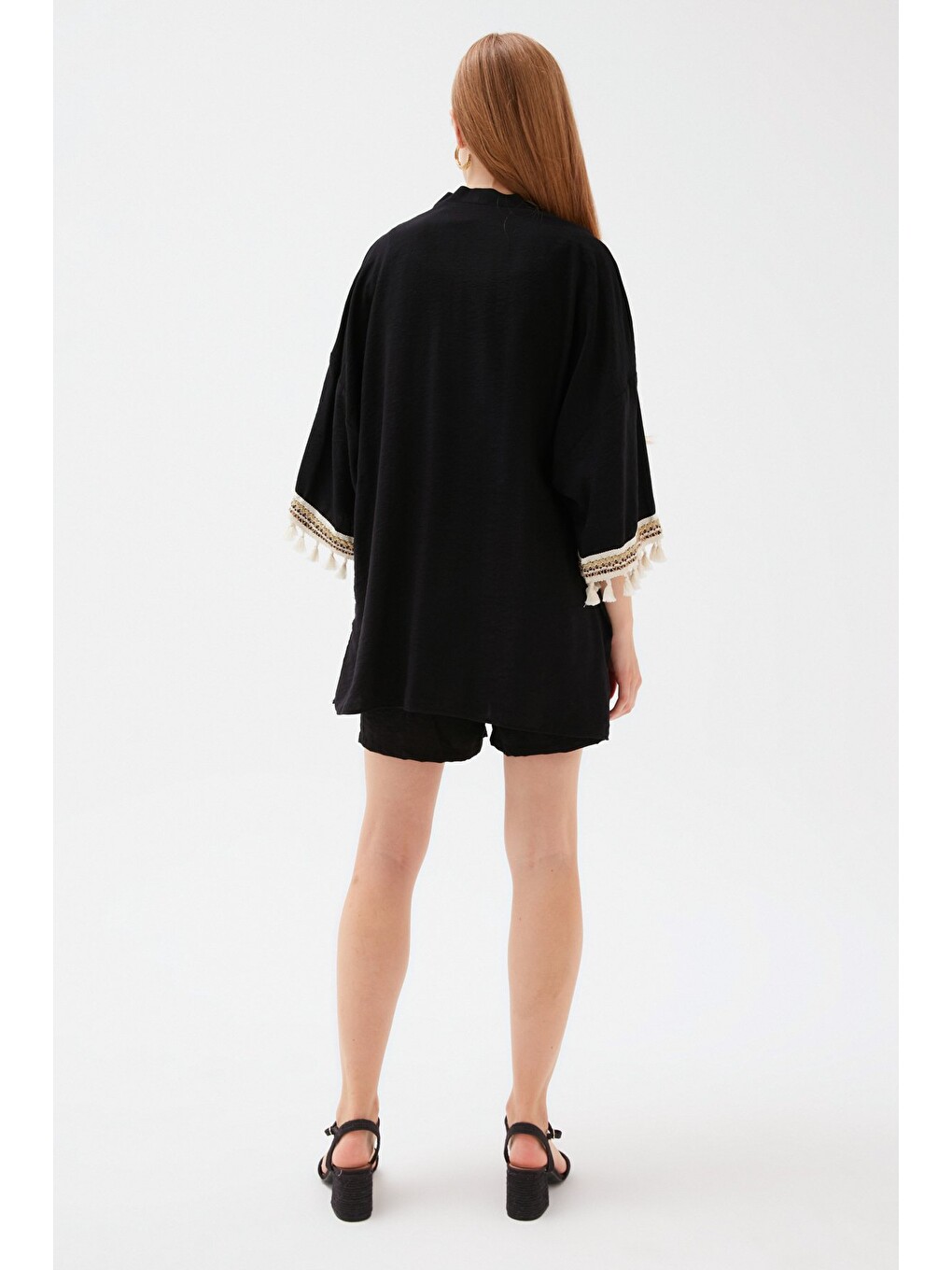 Kol Detaylı Salaş Keten Kimono - Siyah-6