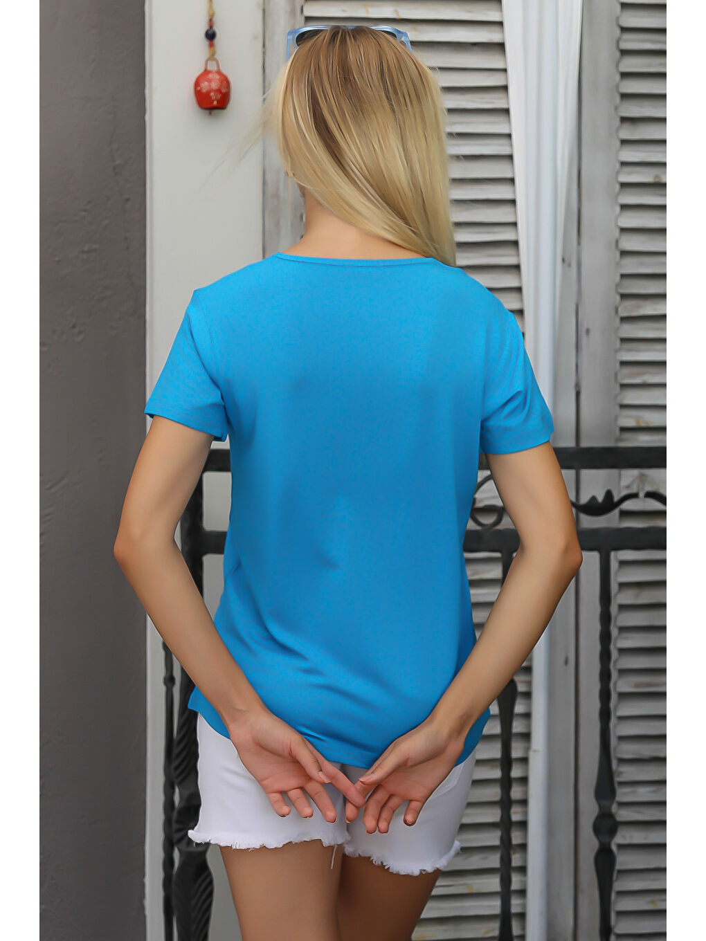 Açık Turkuaz V Yaka Kısa Kol Düz Renk Örme T-Shirt-7