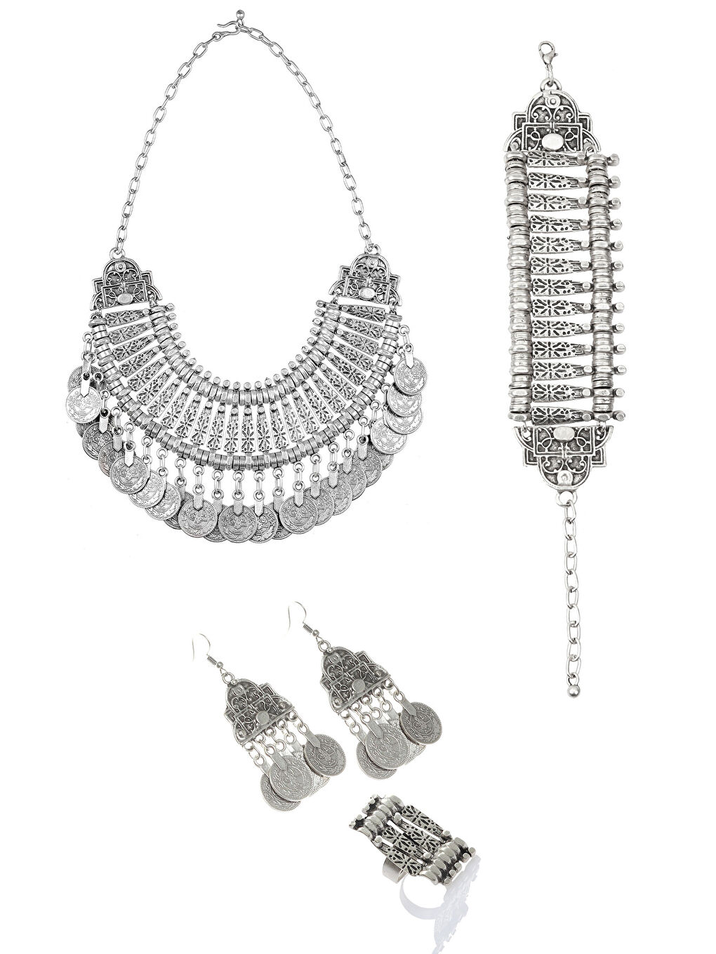 Gri Kadın Antik Gümüş Kaplama Bohem Tarz Kolye & Bileklik & Yüzük & Küpe Seti