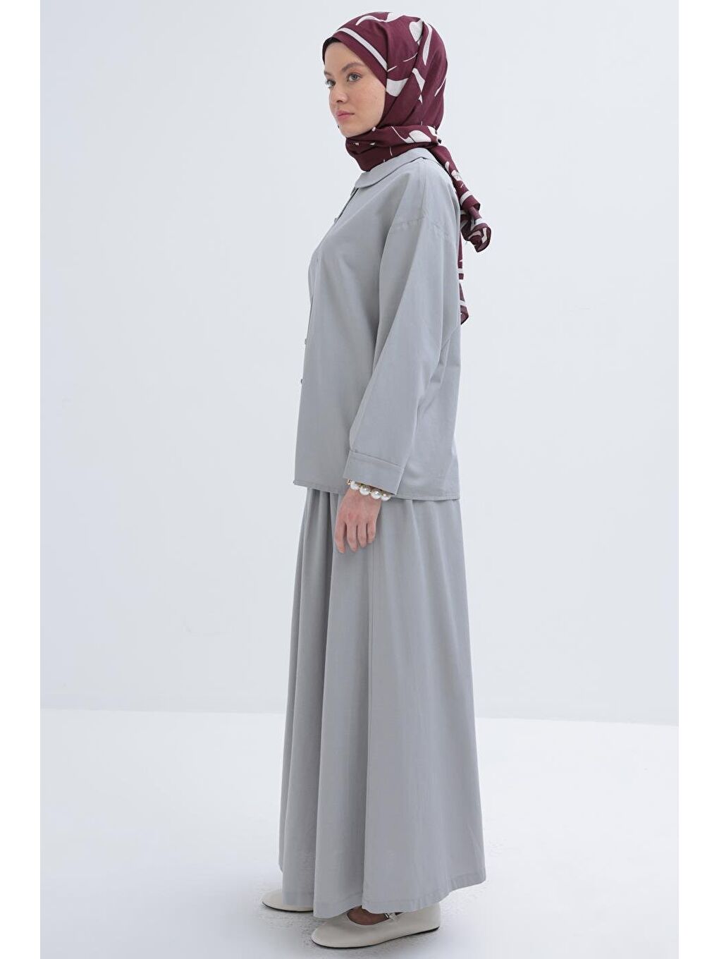 Gri-Bebe Yakalı Keten Etekli Takım-2