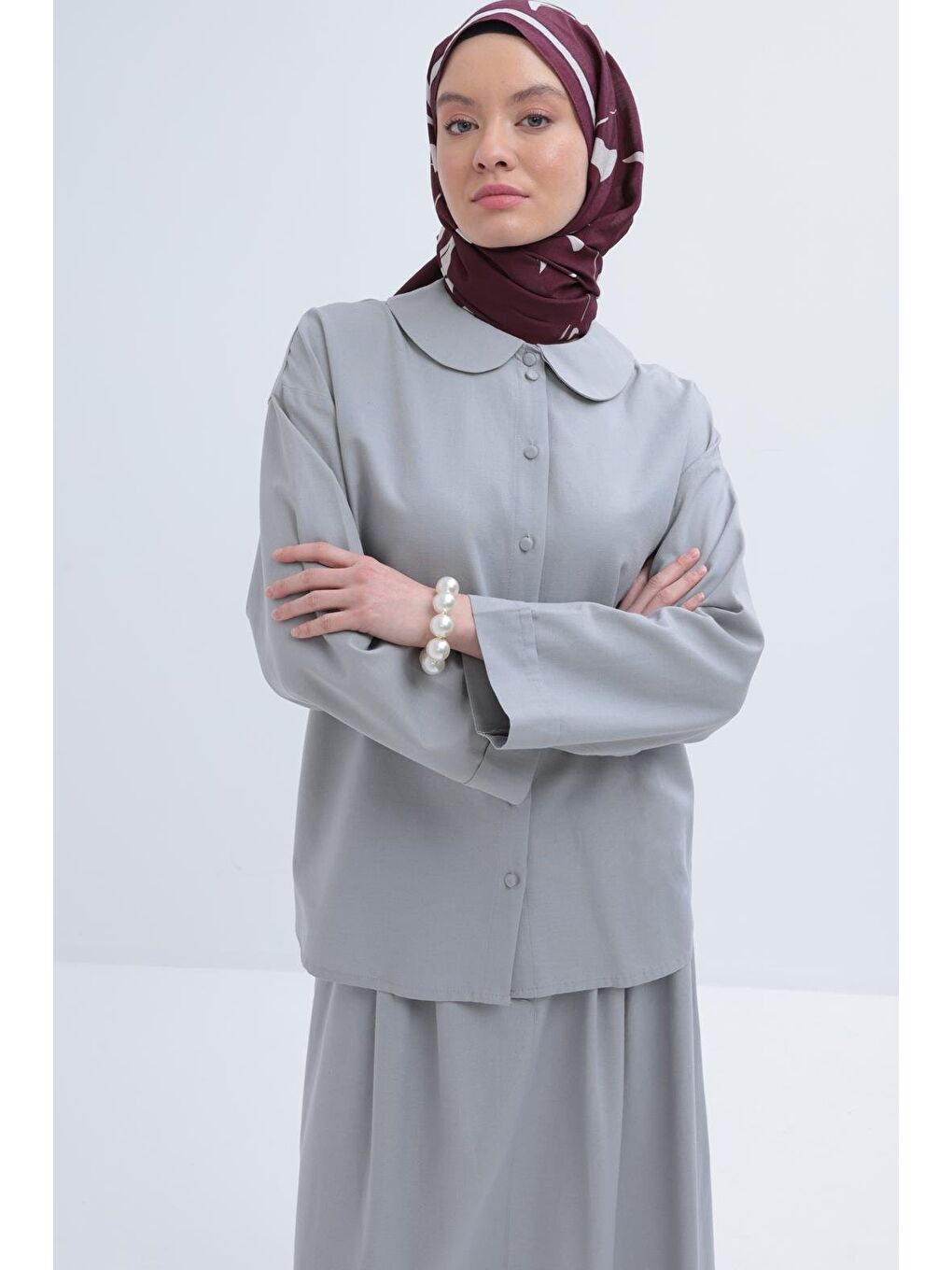 Gri-Bebe Yakalı Keten Etekli Takım-4