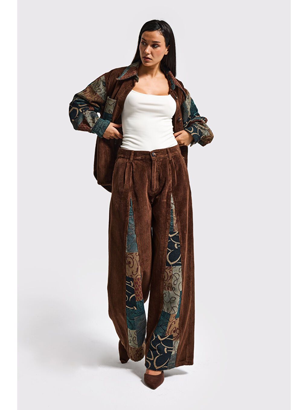 Kahverengi Kadın Kahve Etnik Desen 26w5-42 Palazzo Fit Özel Tasarım Velvet Kadife Kumaş Pantolon-3