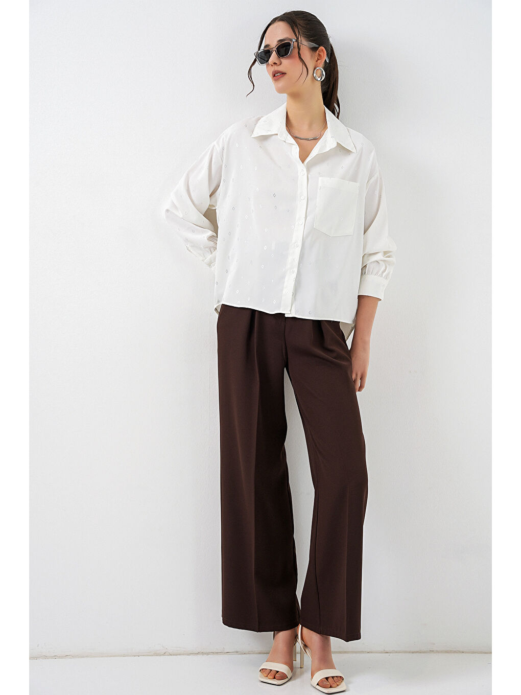 Gri Kadın Desenli Oversize Gömlek 20361 - Gümüş-1